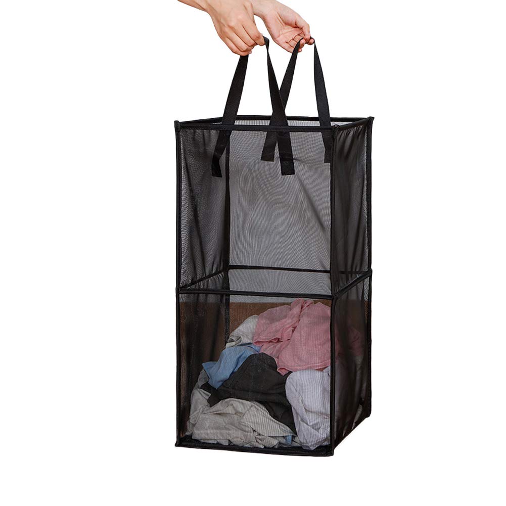 HONOMA Laundry Bags Hamper Bag with Handles,Portable & Collapsible Dirty Clothes Mesh Basket Foldable for Washing Storage, Kids Room,Dorm or Travel (Black,Double-Layer)