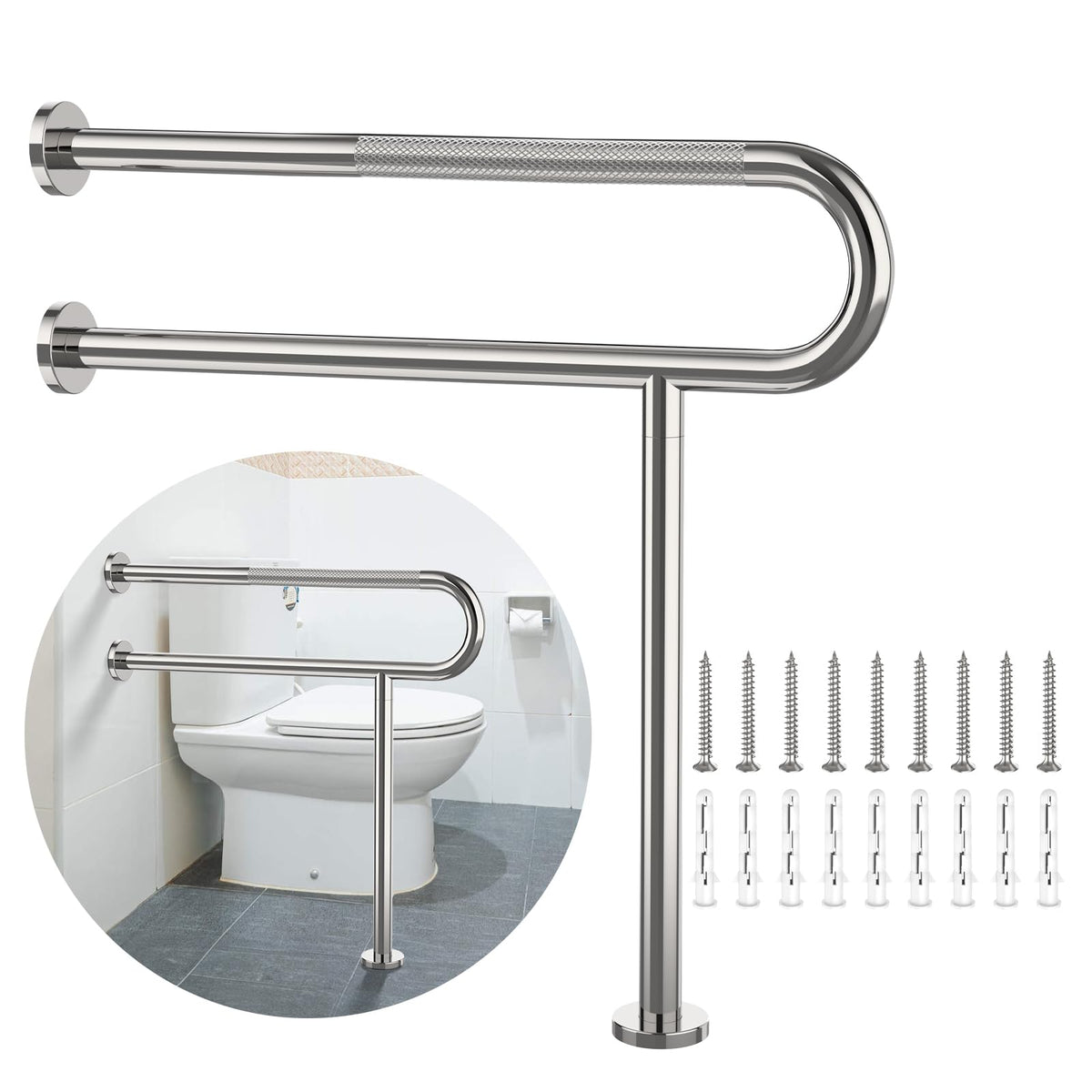 Toilet Support Rail 24x28 Inch, Munzong Anti-Slip Chrome Handicap Grab Bar