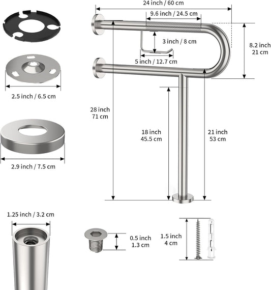 ZUEXT 24 Inch Brushed Nickel Wall to Floor Toilet Grab Bar w/Paper Holder