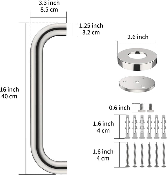 2 Pack 16 Inch Shower Grab Bar - 1.25" Diameter, ZUEXT Chrome Stainless Steel Bathroom Grab Bar Handle, Bathroom Balance Bar,Safety Hand Rail Support,Handicap Injury Elderly Senior Assist Bath Handle