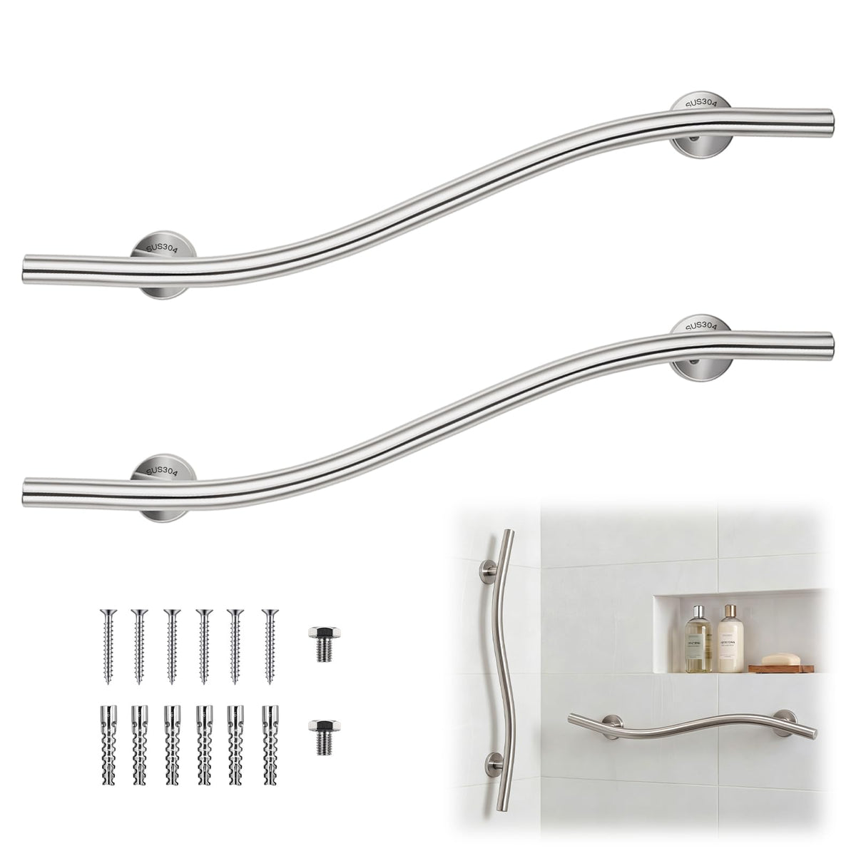 2 Pack Wave Grab Bar Decorative 16 Inch Stylish Stainless Steel Brushed Finish Safety Shower Bar Wall Mounted for Bathroom Bathtubs Toilet Steps Bed Seniors Elderly Handicap Pregnant Women