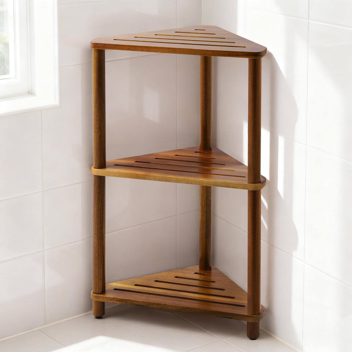 IBosins Corner Shower Stool 14in Small Bench Storage Shelf Natural Finish