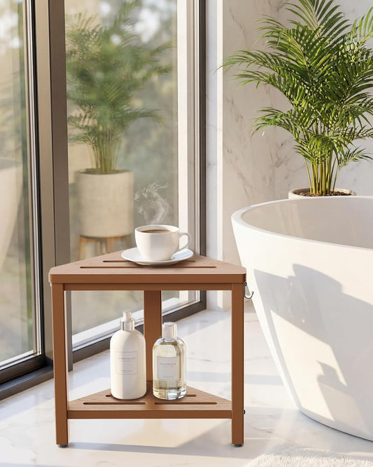 15" Shower Foot Rest with Side Hook, HDPE Waterproof Corner Shower Stool for Shaving Legs, Anti-Slip Shower Bench with Storage Shelf for Inside Shower, Space-Saving Shower Seat for Small Showers, Teak