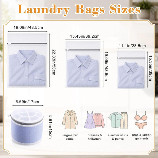 Tudomro 10 Pack 4 Size Cotton Mesh Zippered Laundry Bags Set, Lingerie Bags for Washing Delicates, Laundry Bag Mesh Wash Bag for Jeans, Blouse, Stocking, Bra