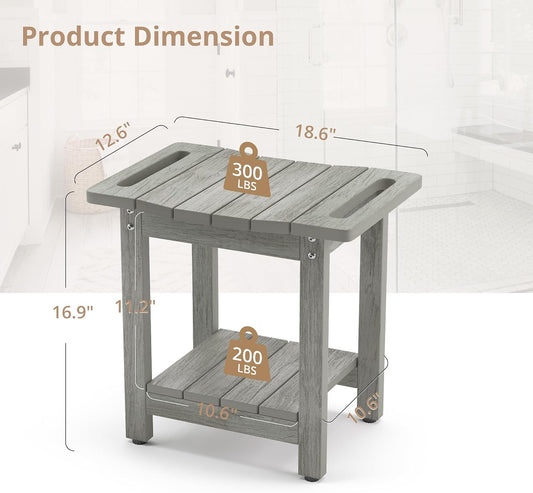 LUE BONA HDPS Shower Benches for Inside Shower, Gray Shower Stool for Shaving Legs with Shelf, Waterproof Shower Chair Seat for Spa Bathroom, Weather Resistant/Non-Slip/Handles/Indoor or Outdoor Use