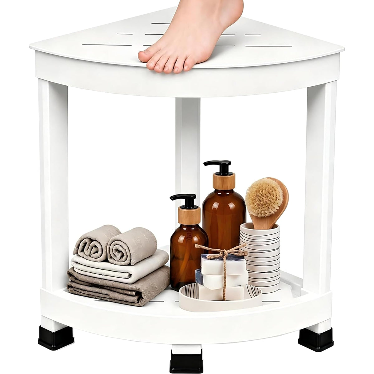 Corner Shower Shelf with 2-Tier Storage, Waterproof Bathroom Organizer & Shower Stool for Inside Shower, Small Corner Side Table with Non-Slip Feet for Bathroom, Bedroom & Living Room, White