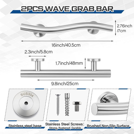 2 Pack Wave Grab Bar Decorative 16 Inch Stylish Stainless Steel Brushed Finish Safety Shower Bar Wall Mounted for Bathroom Bathtubs Toilet Steps Bed Seniors Elderly Handicap Pregnant Women