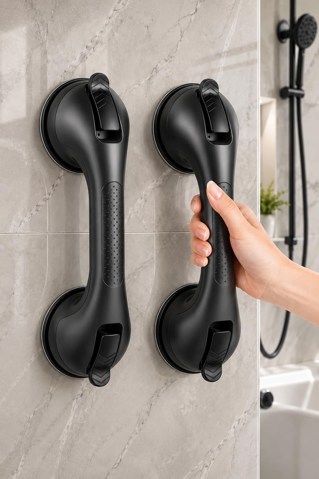 Suction Grab Bars for Shower, Gel-Enhanced Shower Handle for Senior, Silver