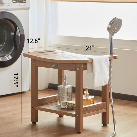 Poly Shower Stool for Inside Shower Waterproof, Shower Bench for Shaving Legs, Heavy Duty Plastic Bathroom Chair Seat with Handles & Adjustable Feet, Foot Rest, No Maintenance, Brown