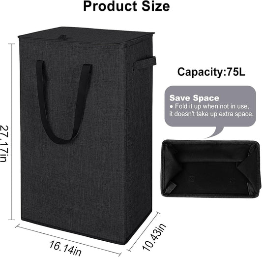 Odonata 75L Slim Laundry Hamper with Lid,Large Foldable Laundry Basket with Removable Bag and Handles Tall Collapsible Dirty Clothes Basket Great for Bedroom, Bathroom, Dorm, College,RV.(Black, 75L)