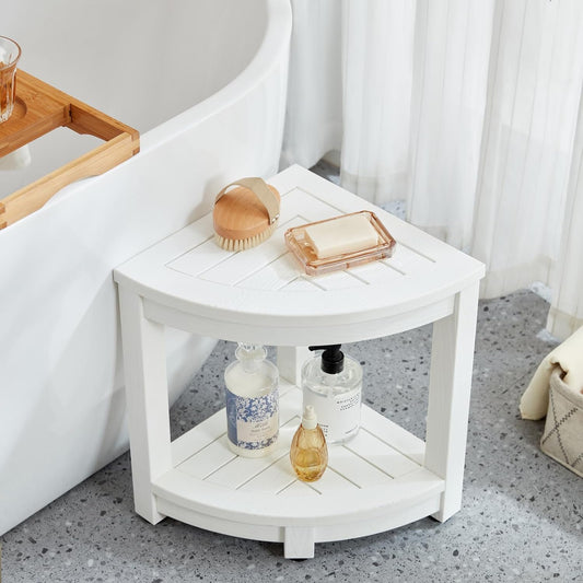 KaimuBench Corner Shower Stool for Inside Shower Waterproof, Poly Lumber Bathroom Shower Corner Bench Seat, Plastic Shower Chair Seat, Shower Shaving Foot Rest with Adjustable Feet, Non-Slip, White