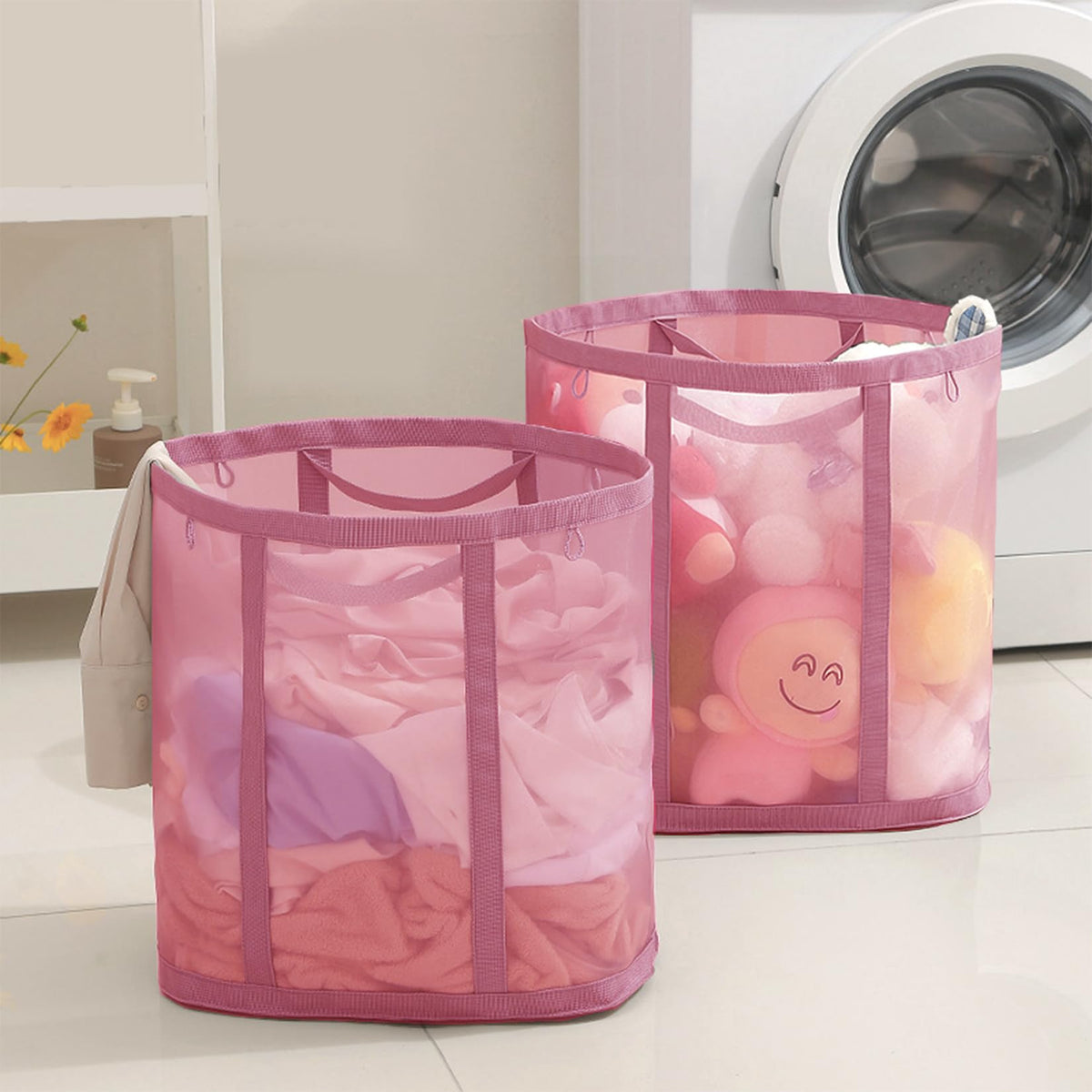 Mesh Bag with Handles, Collapsible Laundry Basket, Foldable Laundry Bag, Breathable Folding Beach Bag,Space-saving Travel Tote Bags (1, Black)