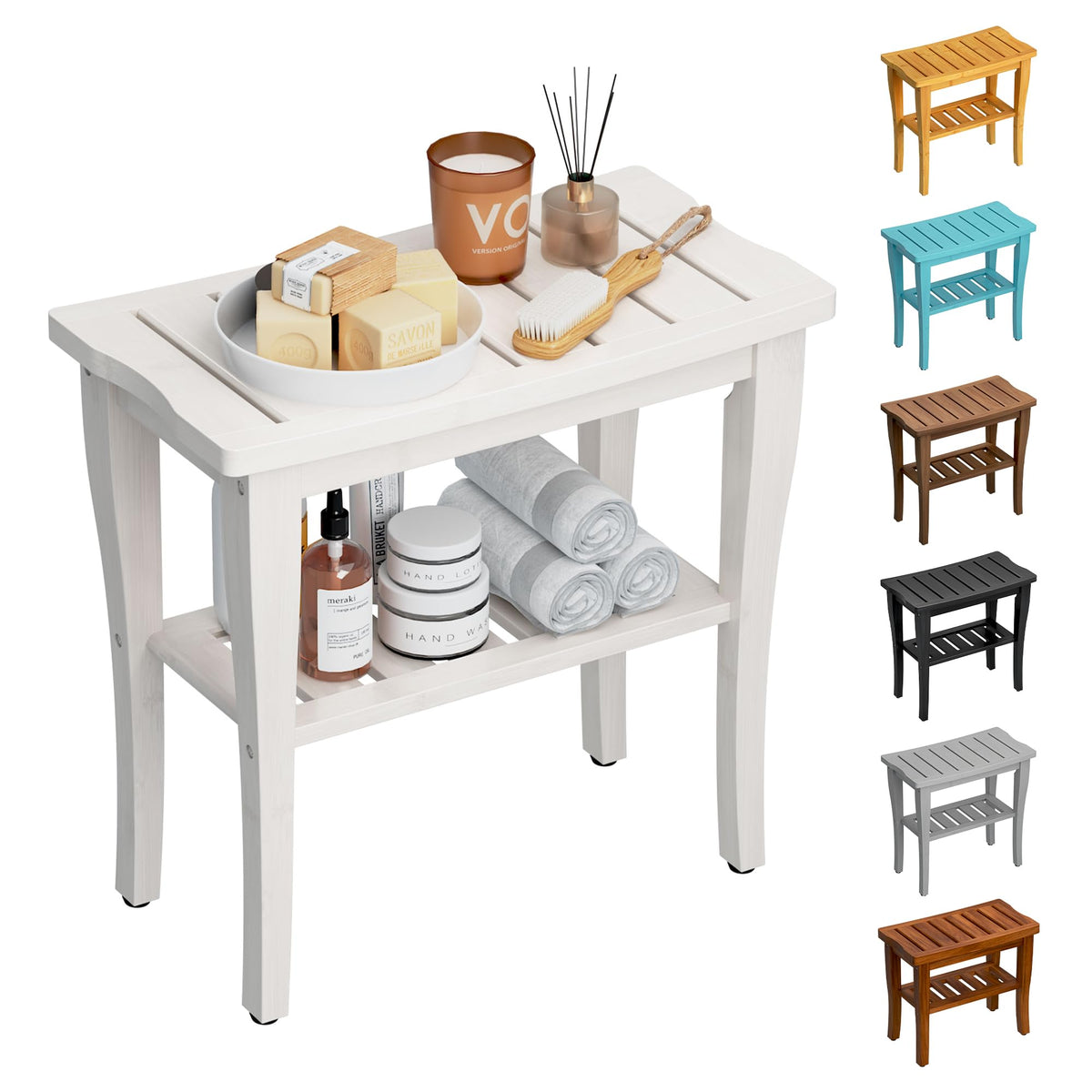Teak Shower Bench Stool with Storage Shelf, Waterproof Shower Chair Spa Bath Seat, Shower Stool for Inside Shower, Bathroom Bench Seat for Adults Elderly Seniors for Indoor or Outdoor Use