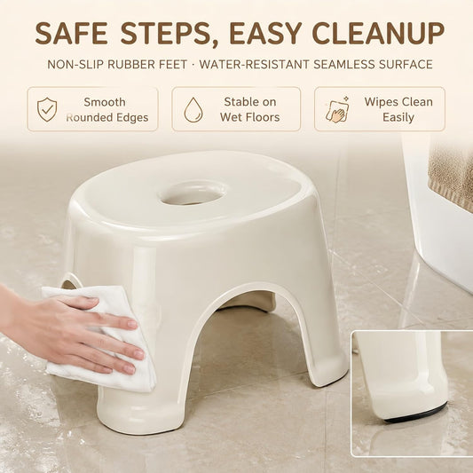 Plastic Step Stool, Heavy Duty Foot Stool with Anti-Slip Pads, Waterproof One-Piece Small Stool with Handle, Portable Stool for Bathroom, Shower, Kitchen & Entryway
