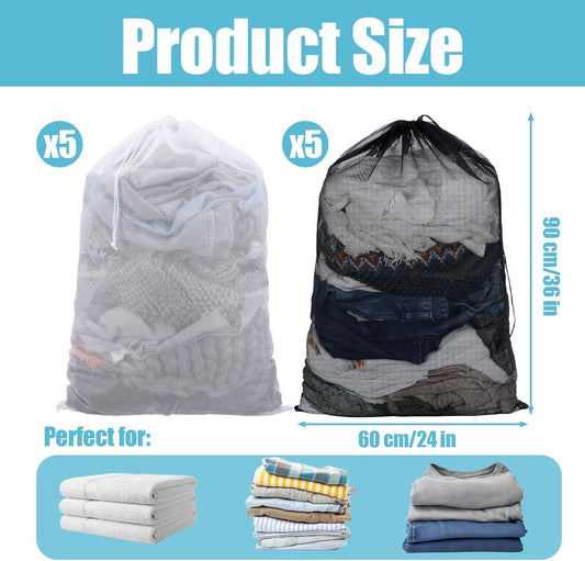 10 Pack Mesh Laundry Bags, 35.4" x 23.6" Heavy-Duty Laundry Bags Large Drawstring Mesh Bag for College Dorm Travel Sports Family Apartment (White, Black)