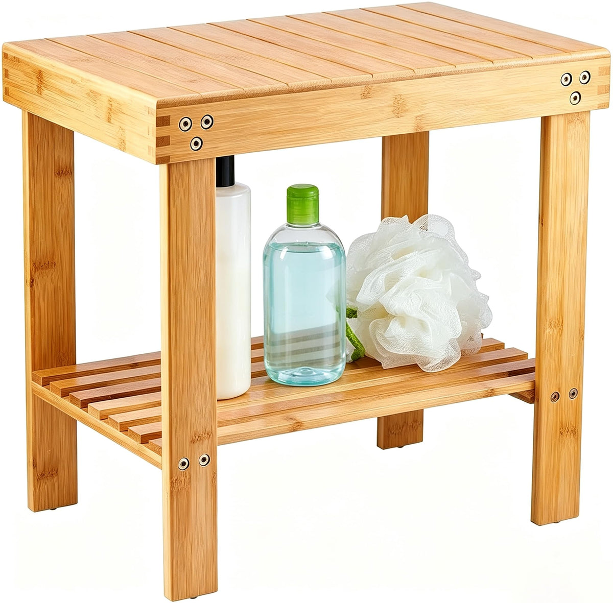 VaeFae Bamboo Shower Bench, Spa Bench Seat Stool, Foot Rest Shaving Stool with Non-Slip Feets and Storage Shelf, Works in Bathroom/Living Room/Bedroom/Garden Leisure