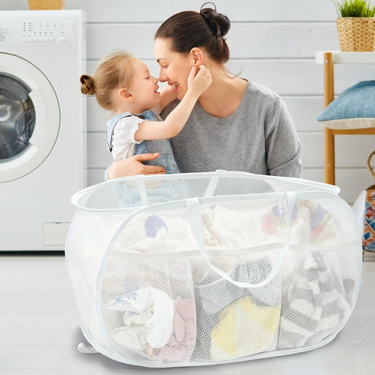 2 Pack Collapsible Laundry Baskets, Upgrade Pop Up Laundry Hamper with Convenient Bags, Foldable Laundry Basket Mesh Light Weight, Easy to Carry Clothes Hampers for Laundry, Dorm, Toys, Travel White