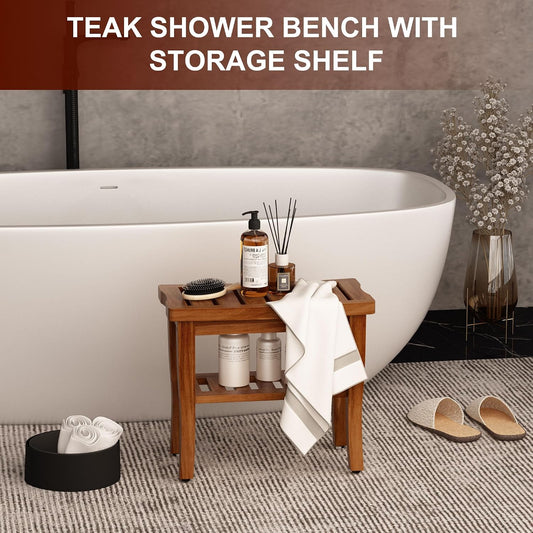 Teak Shower Bench Stool with Storage Shelf, Waterproof Shower Chair Spa Bath Seat, Shower Stool for Inside Shower, Bathroom Bench Seat for Adults Elderly Seniors for Indoor or Outdoor Use