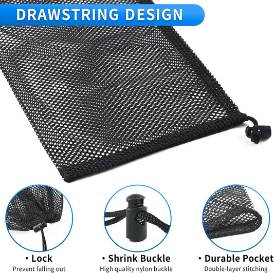 10 Pcs Mesh Drawstring Bag 9" x 12" with Cord Lock Closure, Nylon Durable Heavy Duty Mesh Bag for Laundry Beach Toys Swimming Gym Travel Mushroom Foraging (Black)