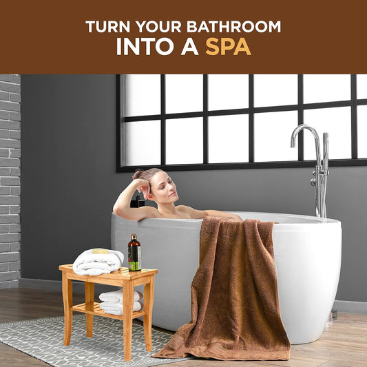 Bamboo Shower Bench - Wooden Shower Stool with Storage Shelf, Non Slip Seat