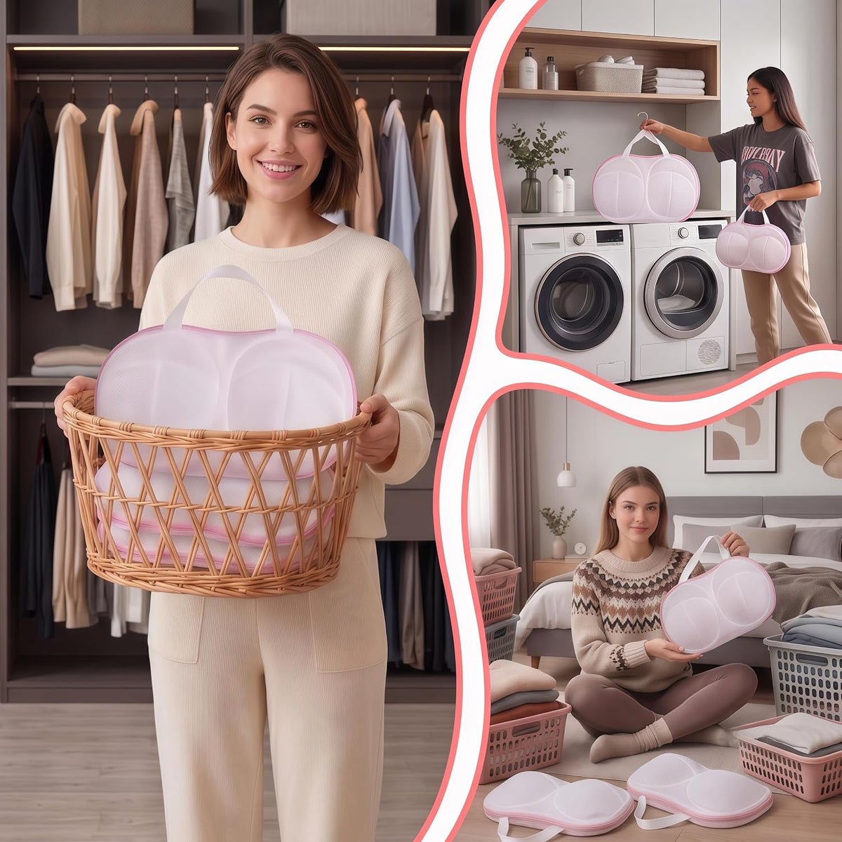 8 Pcs Bra Washing Bags, Lingerie Bag for Washing Brassiere, Pink, A-D Cups