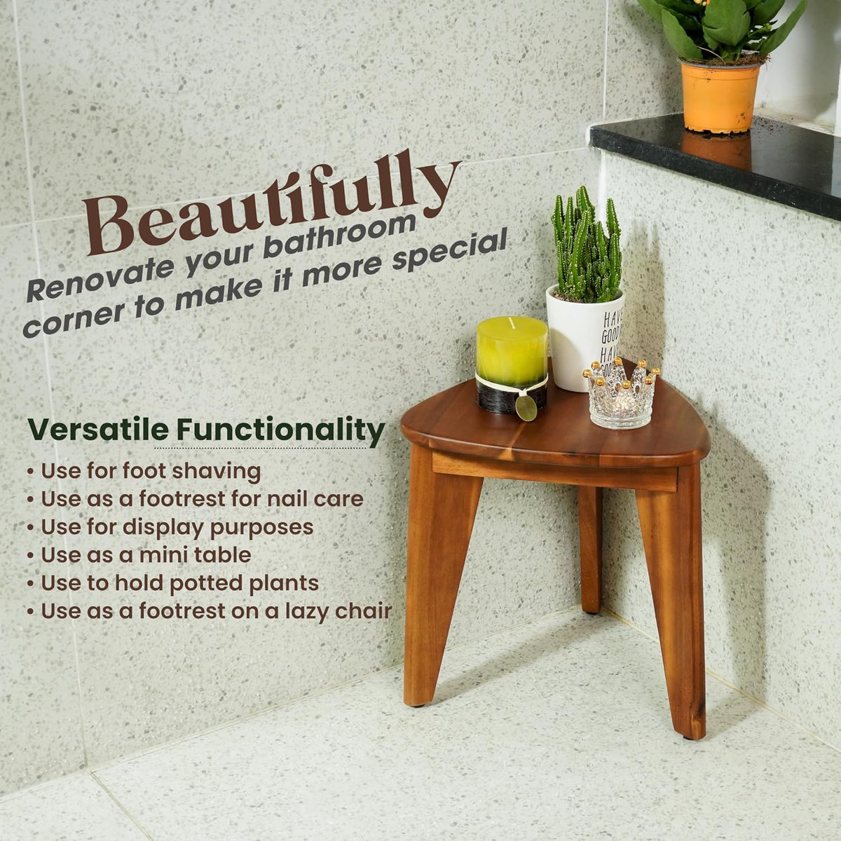 HOLANA 12" Wooden Corner Shower Foot Rest for Bathroom, Compact, Durable