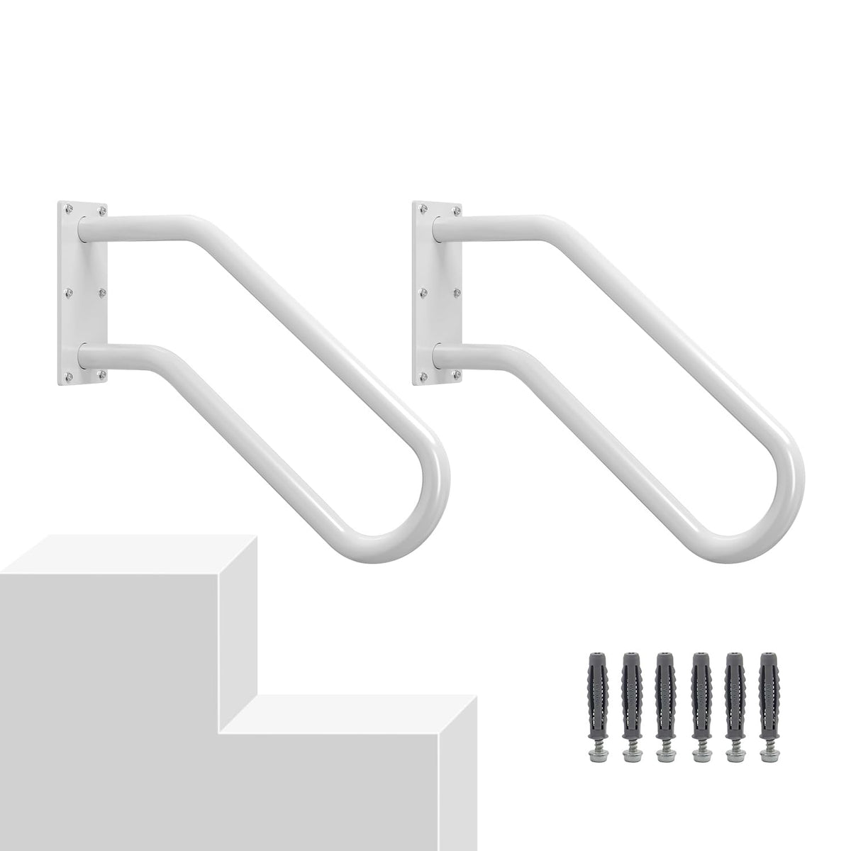 Hand Rails for Outdoor 1-2 Steps, Indoor Stairs, Bathroom, Wall Mount Non-Slip U-Shape Stair Hand Railing White 1 Pack