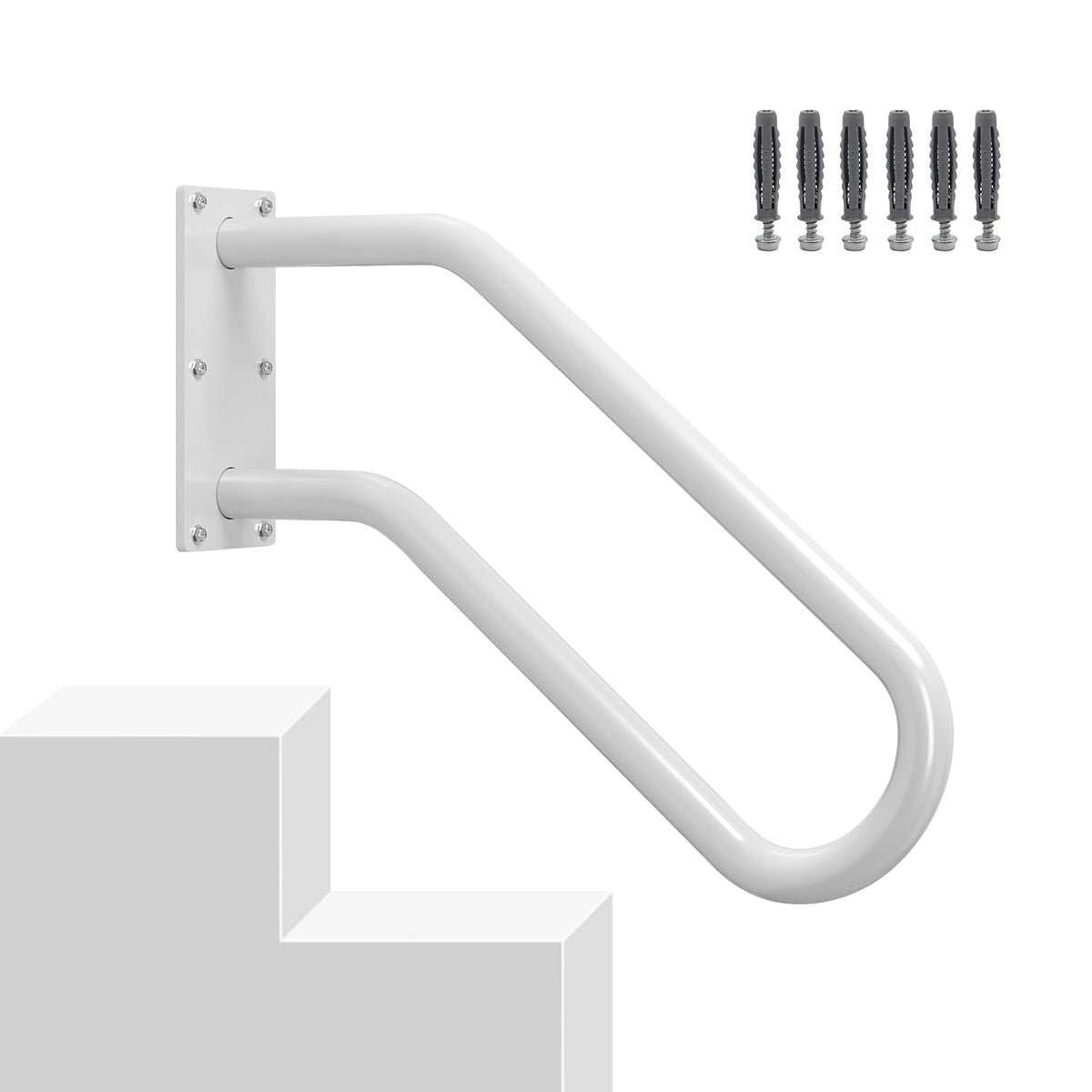 Hand Rails for Outdoor 1-2 Steps, Indoor Stairs, Bathroom, Wall Mount Non-Slip U-Shape Stair Hand Railing White 1 Pack