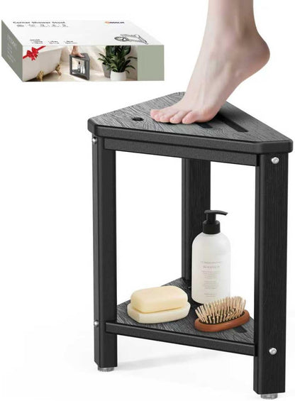 Shower Foot Rest 15in, HDPE Corner Shower Stool for Shaving Legs, Black