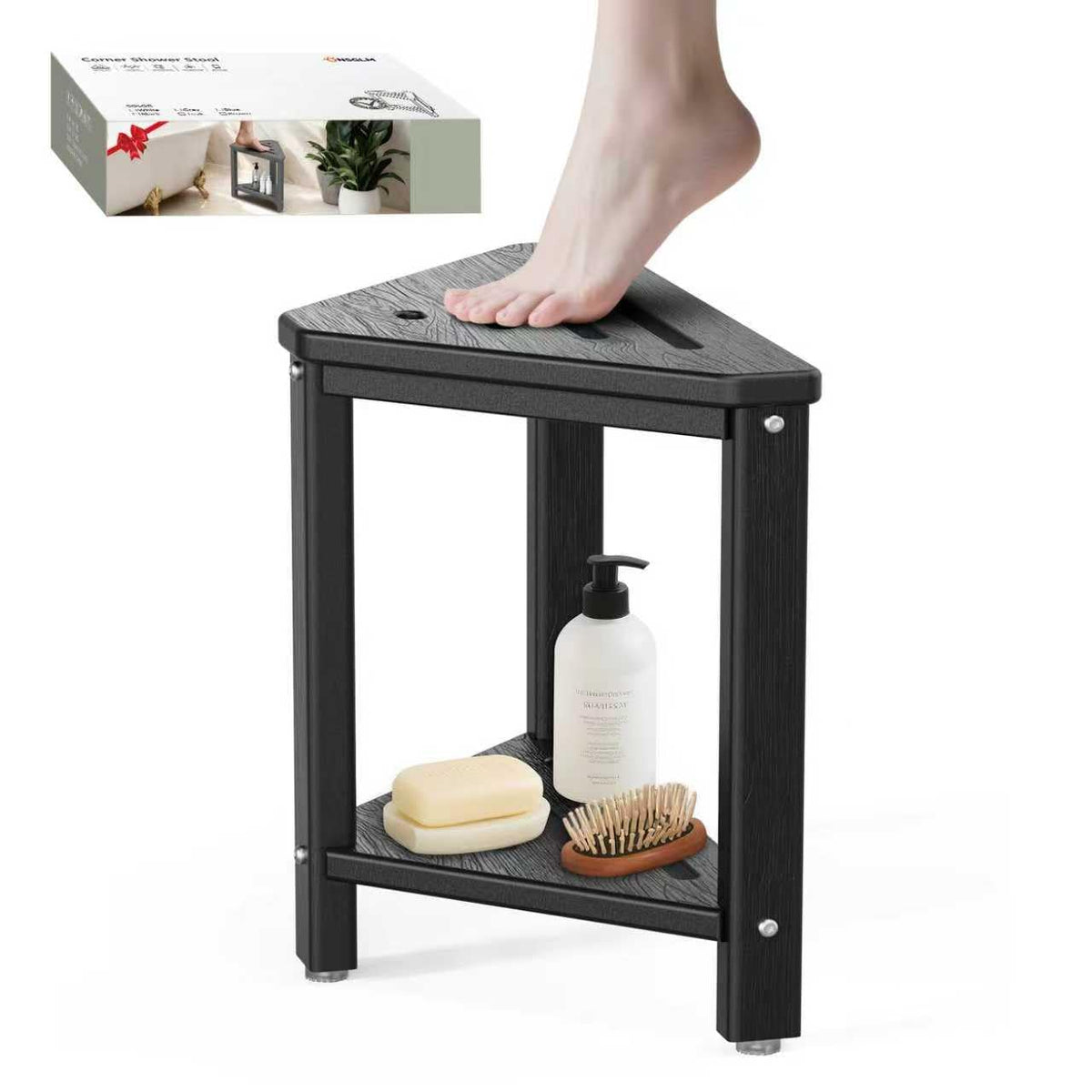 Shower Foot Rest 15in, HDPE Corner Shower Stool for Shaving Legs, Black