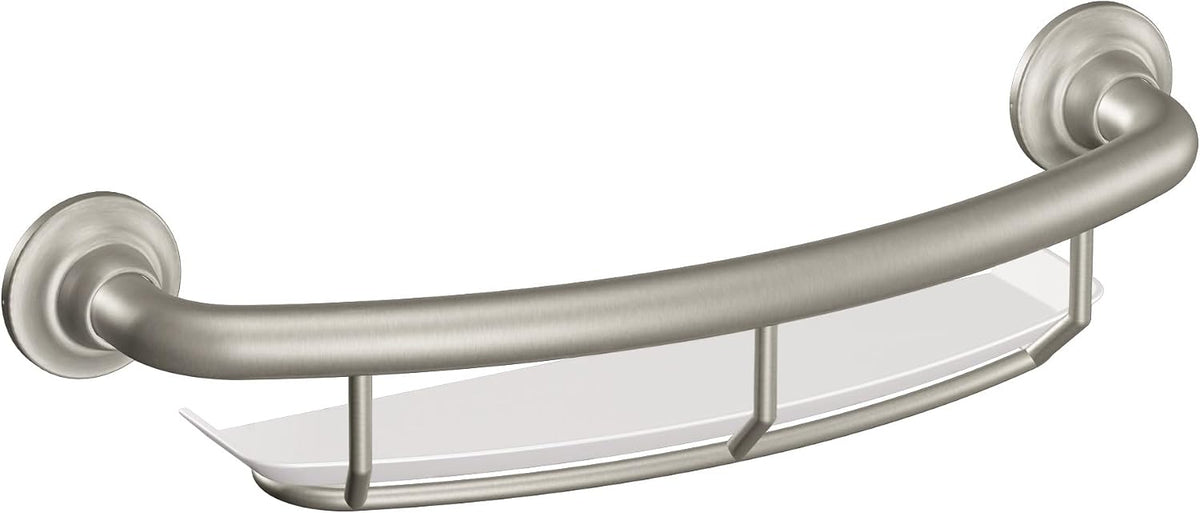 Moen Chrome Bathroom Safety 16-Inch Screw-in Curved Shower Grab Bar with Built-in Shelf for Storage, LR2356DCH