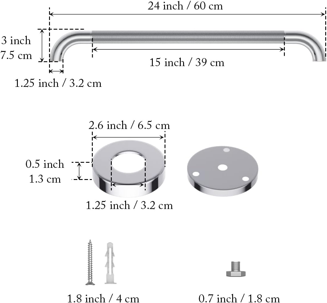 2 Pack 24 Inch Polished Chrome Anti Slip Knurled Shower Grab Bar