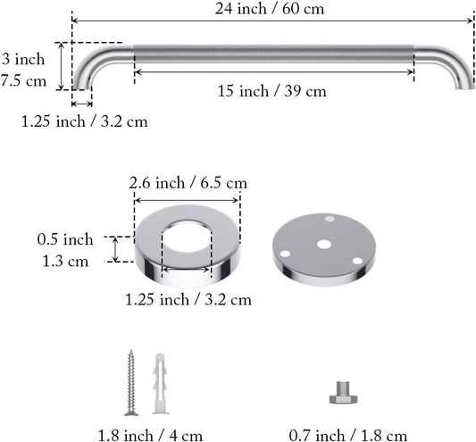 2 Pack 24 Inch Polished Chrome Anti Slip Knurled Shower Grab Bar