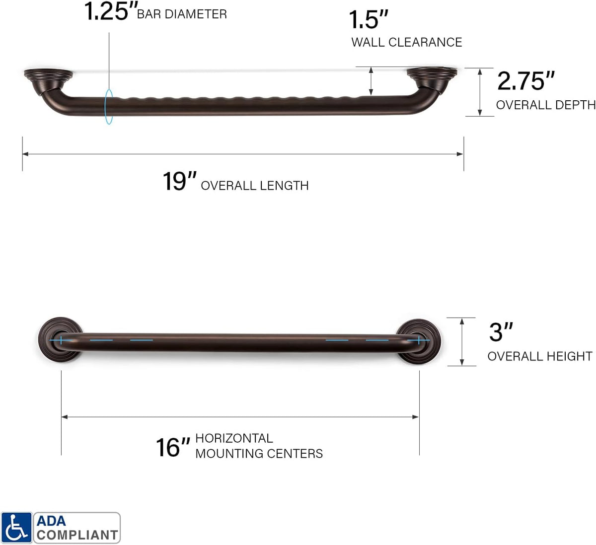 Seachrome 16 inch Finger Grip Grab Bar for Bathroom, Curl Grip, ADA Safety Grip Assist Shower Rail for Elderly and Seniors, Stainless Steel, Oil Rubbed Bronze
