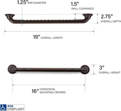 Seachrome 16 inch Finger Grip Grab Bar for Bathroom, Curl Grip, ADA Safety Grip Assist Shower Rail for Elderly and Seniors, Stainless Steel, Oil Rubbed Bronze