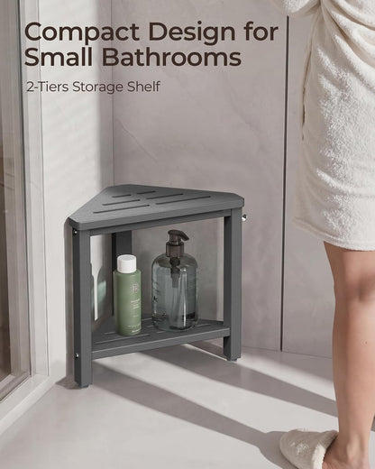 15" Shower Foot Rest with Side Hook, HDPE Waterproof Corner Shower Stool for Shaving Legs, Anti-Slip Shower Bench with Storage Shelf for Inside Shower, Space-Saving Shower Seat for Small Showers, Gray