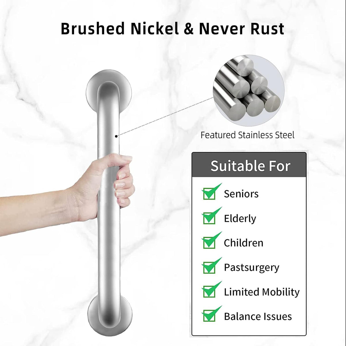 Shower Grab Bars Brushed Nickel 18" x 1 1/4", Stainless Steel Bathroom Handicap Grab Bars for Bathtubs and Showers, Concealed Screw Shower Handle Safety Bars for Elderly, Pregnant, Children
