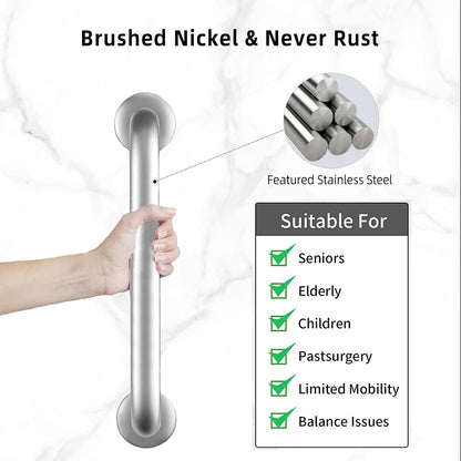 Shower Grab Bars Brushed Nickel 18" x 1 1/4", Stainless Steel Bathroom Handicap Grab Bars for Bathtubs and Showers, Concealed Screw Shower Handle Safety Bars for Elderly, Pregnant, Children