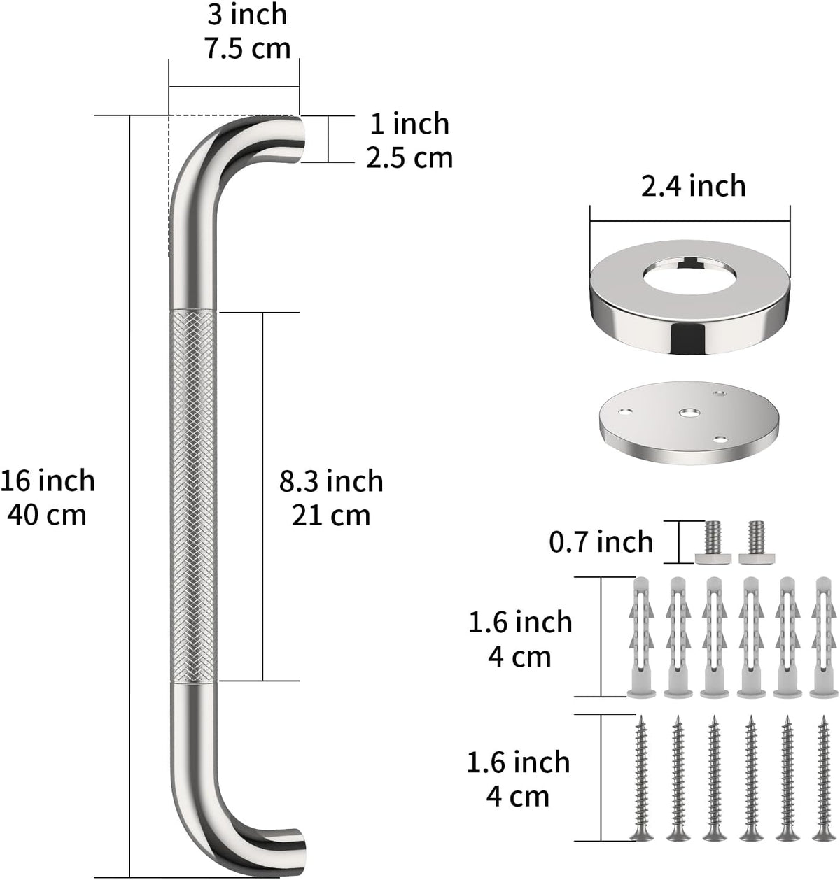 ZUEXT 2 Pack 16 Inch Chrome Anti Slip Shower Grab Bar with Knurled Grip