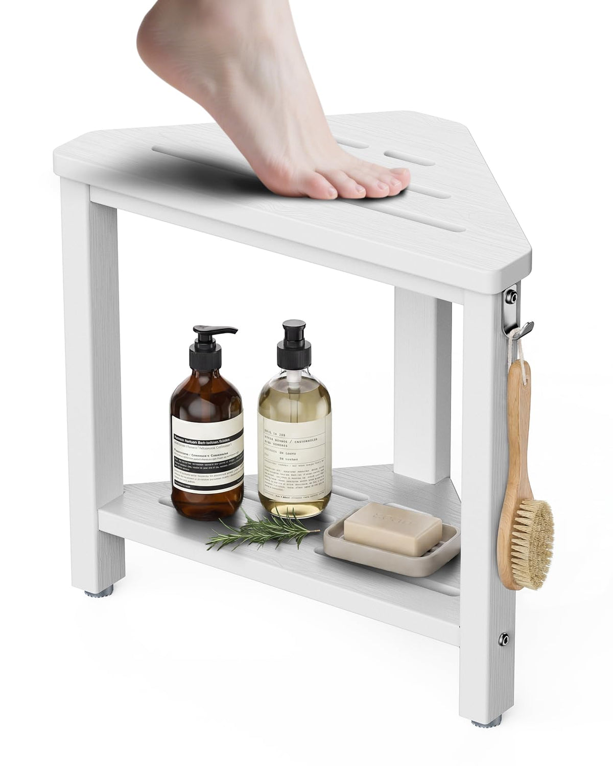 15" Shower Foot Rest with Side Hook, HDPE Waterproof Corner Shower Stool for Shaving Legs, Anti-Slip Shower Bench with Storage Shelf for Inside Shower, Space-Saving Shower Seat for Small Showers, Teak