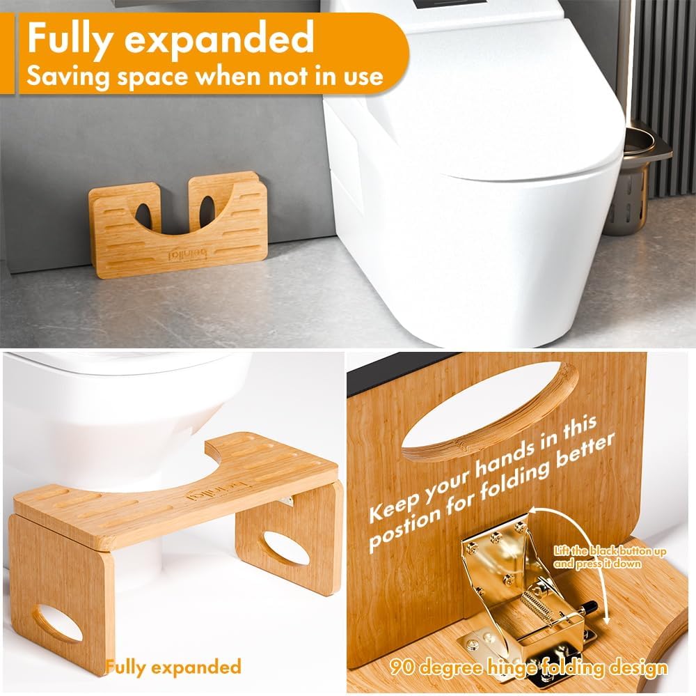 Beinilai Foldable Toilet Stool,7 Inches Bamboo Poop Stool for Bathroom