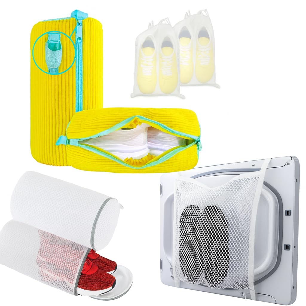 Shoe Washing Machine Bag Set, 3-in-1 Sneaker Laundry Bags with Honeycomb Mesh, Shoe Cleaning Bag for Washing Machine, Dryer Net, Dust Covers & Elastic Straps for Sneakers, Running Shoes, Socks, Bras