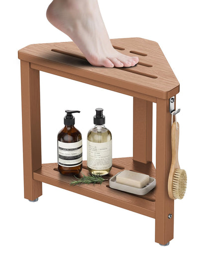 15" Shower Foot Rest with Side Hook, HDPE Waterproof Corner Shower Stool for Shaving Legs, Anti-Slip Shower Bench with Storage Shelf for Inside Shower, Space-Saving Shower Seat for Small Showers, Teak