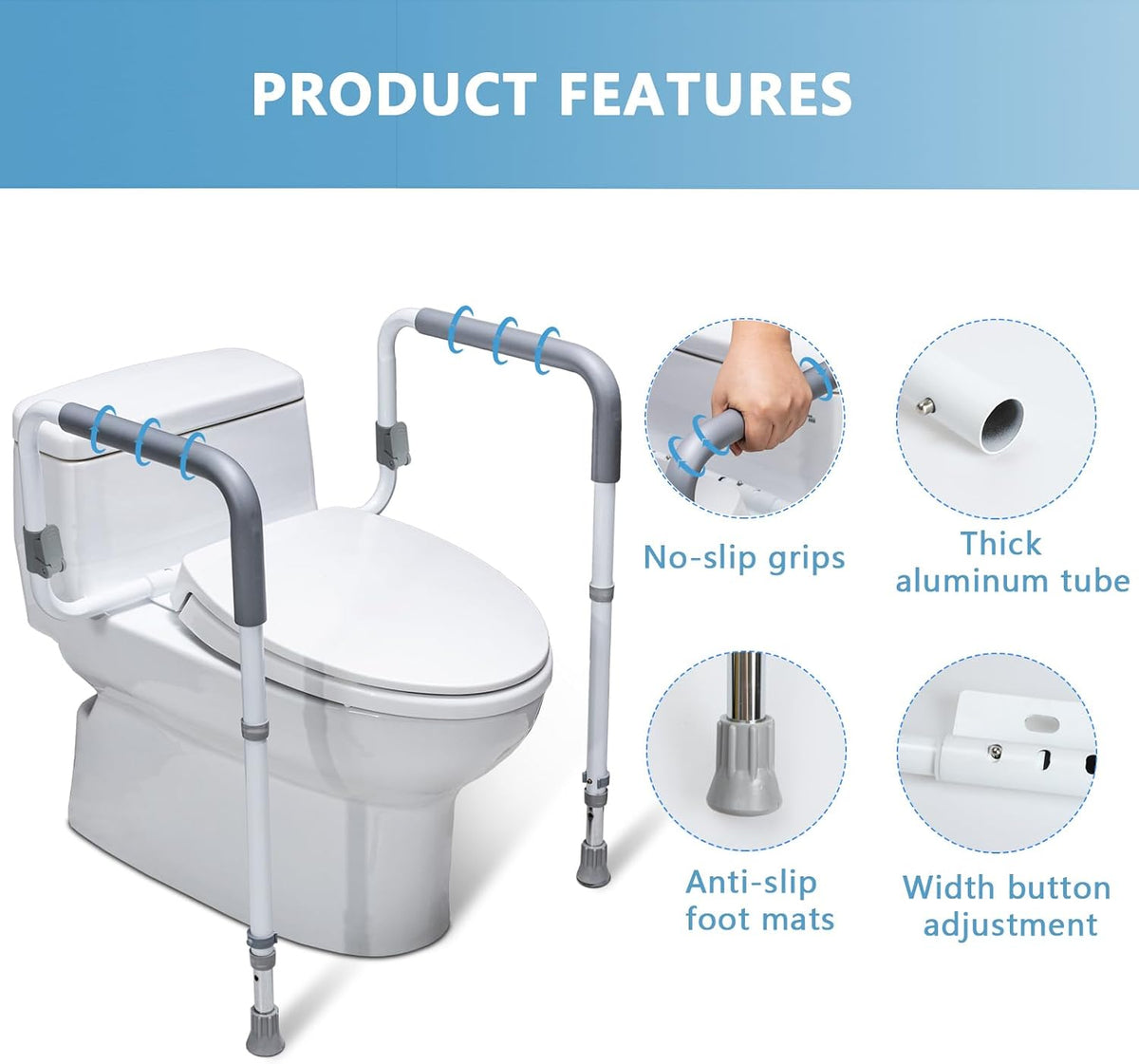 WeHwupe Toilet Safety Rail for Seniors, Height & Width Adjustable Handles