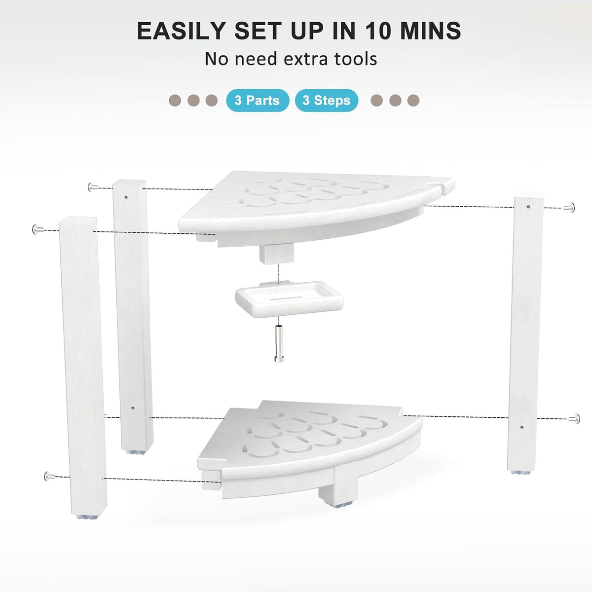 NALONE Corner Shower Stool, HDPE Shower Bench for Inside Shower, Small Shower Chair Seat for Shaving Legs with Storage Shelf, Soap Box and No-Slip Feet (White)