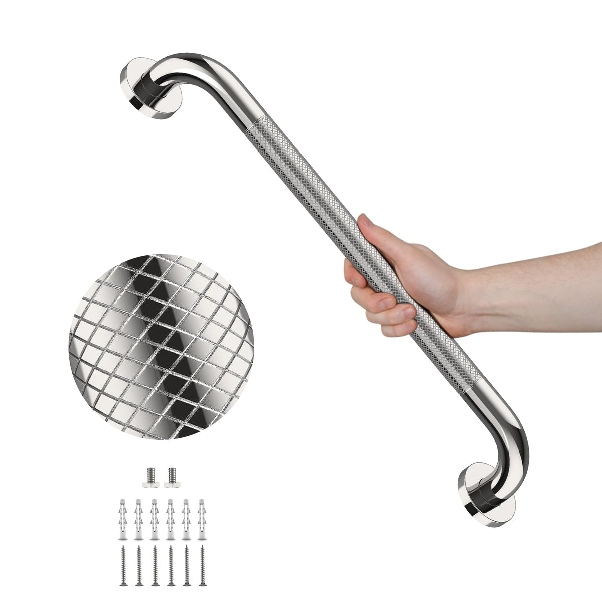 2 Pack 24 Inch Polished Chrome Anti Slip Knurled Shower Grab Bar