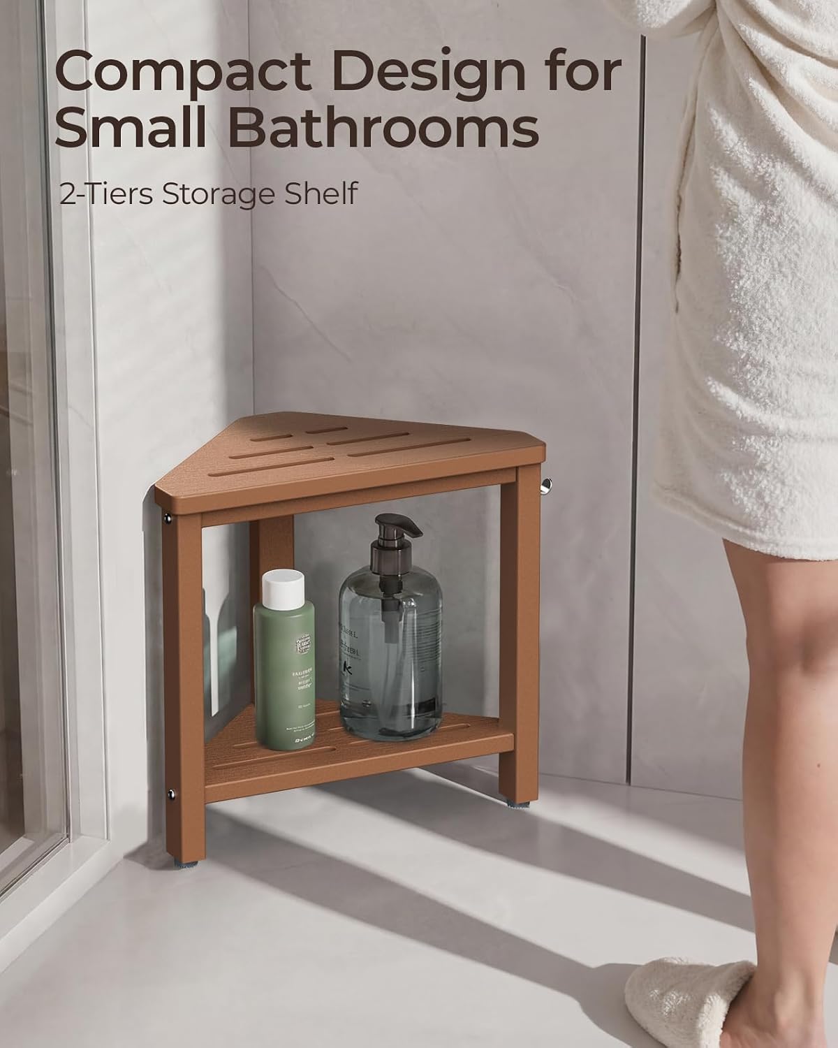 15" Shower Foot Rest with Side Hook, HDPE Waterproof Corner Shower Stool for Shaving Legs, Anti-Slip Shower Bench with Storage Shelf for Inside Shower, Space-Saving Shower Seat for Small Showers, Teak