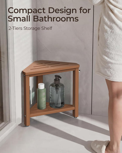 15" Shower Foot Rest with Side Hook, HDPE Waterproof Corner Shower Stool for Shaving Legs, Anti-Slip Shower Bench with Storage Shelf for Inside Shower, Space-Saving Shower Seat for Small Showers, Teak