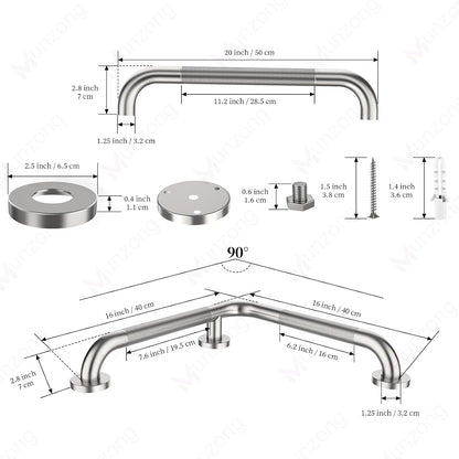 16x16 Inch Anti Slip Angled Shower Grab Bars, Brushed Nickel Grab Rail