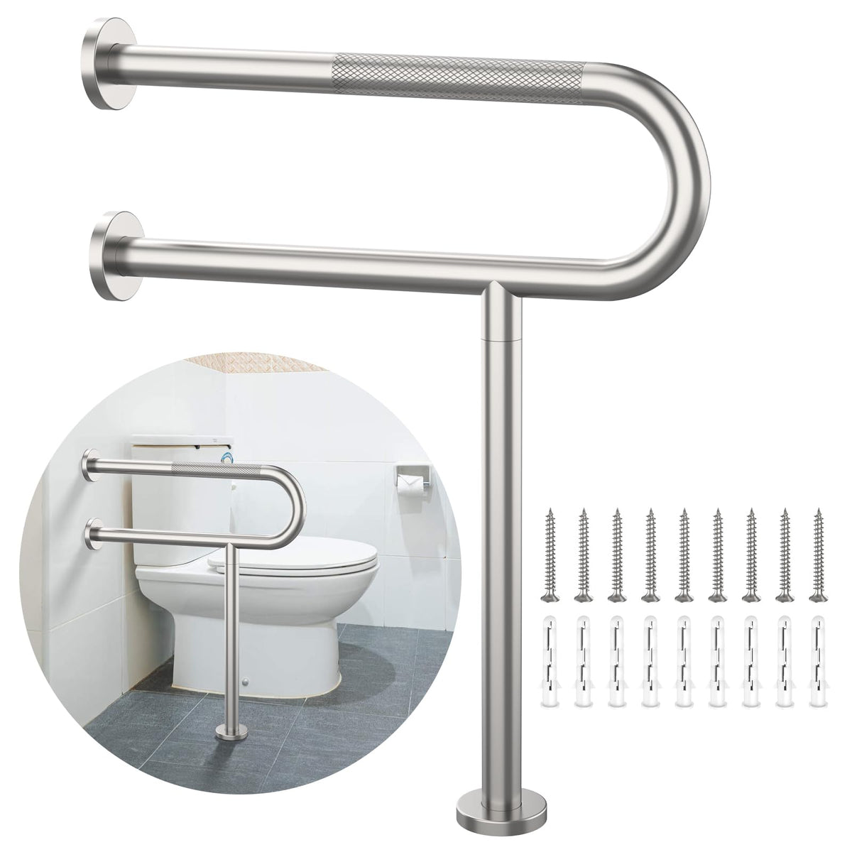 Toilet Support Rail 24x28 Inch, Munzong Anti-Slip Chrome Handicap Grab Bar
